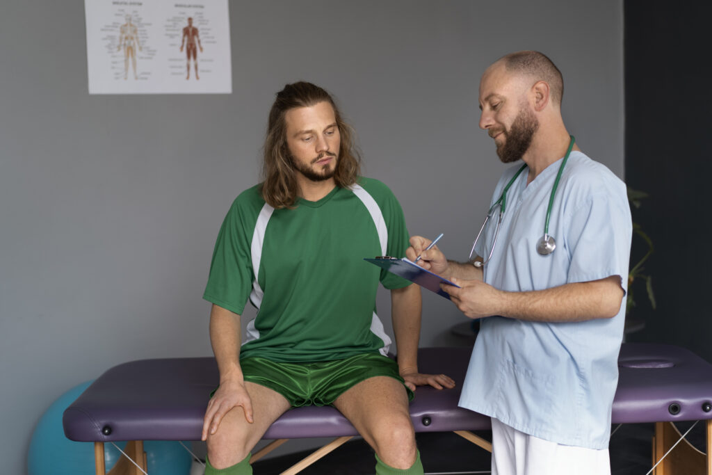 an athlete sits for an ecg with his doctor