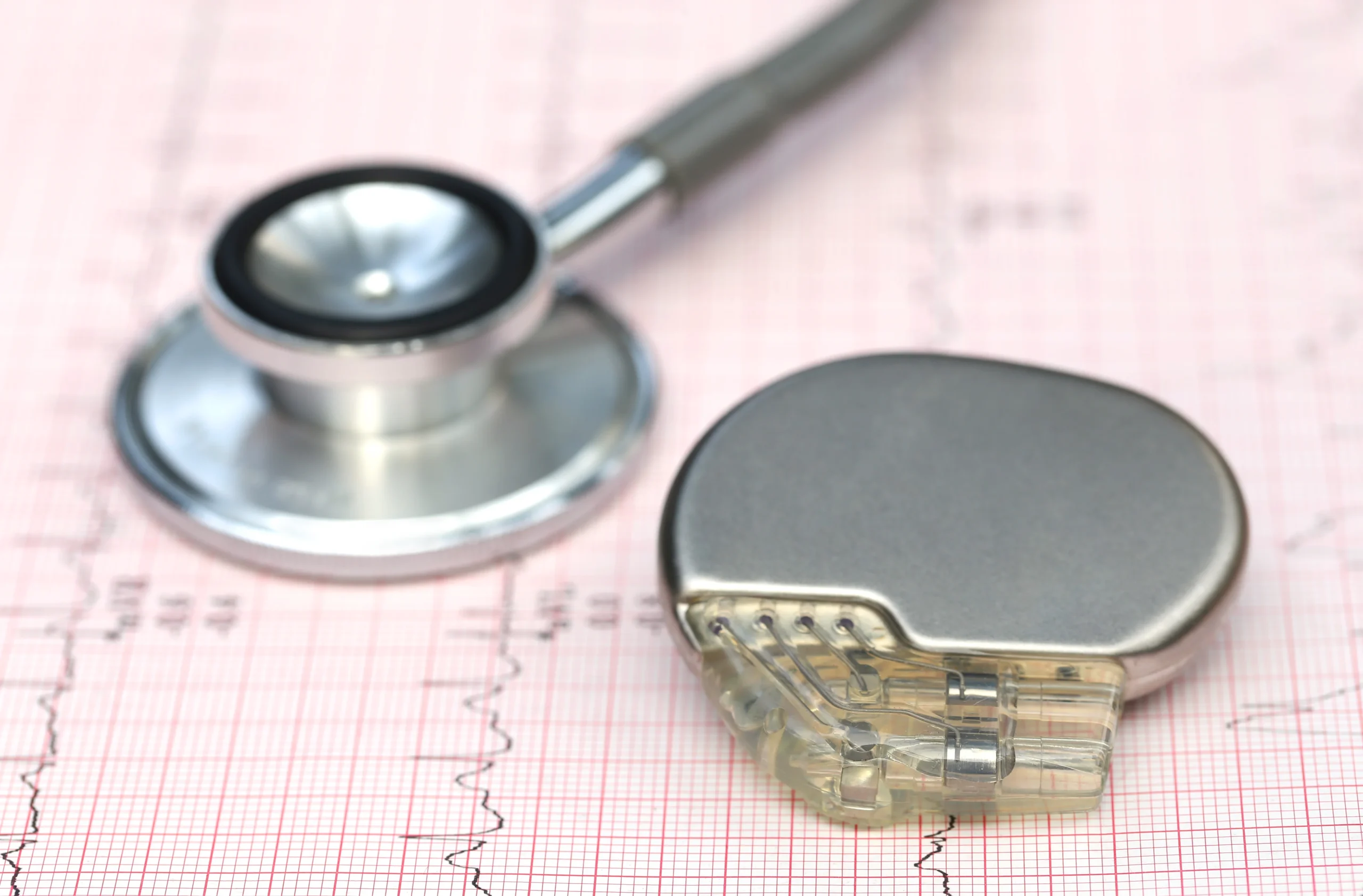 a cardiac or heart pacemaker next to a stethoscope on top of printed heart rhythm data