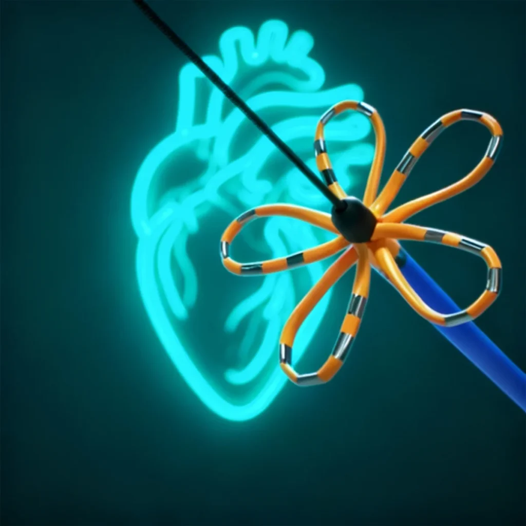 a pulsed field ablation catheter against a background of a neon teal anatomical heart